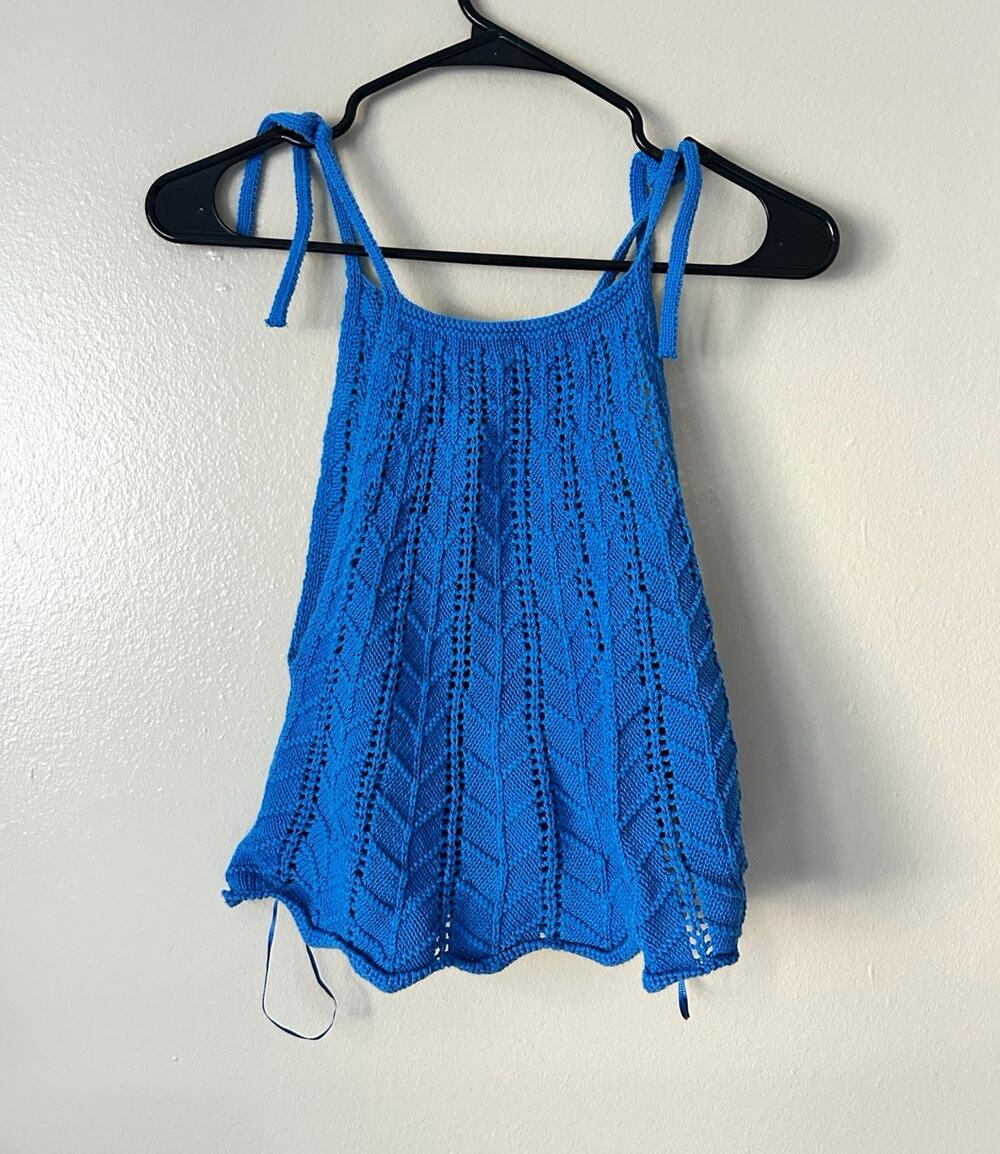 Zara Blue Solid Knit Tie Shoulder Strap Scoop Neck Sleeveless Tank Top Size S